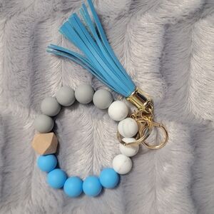 Silicone Wristlet - Blue and Gray Beaded Keychain with Tassel